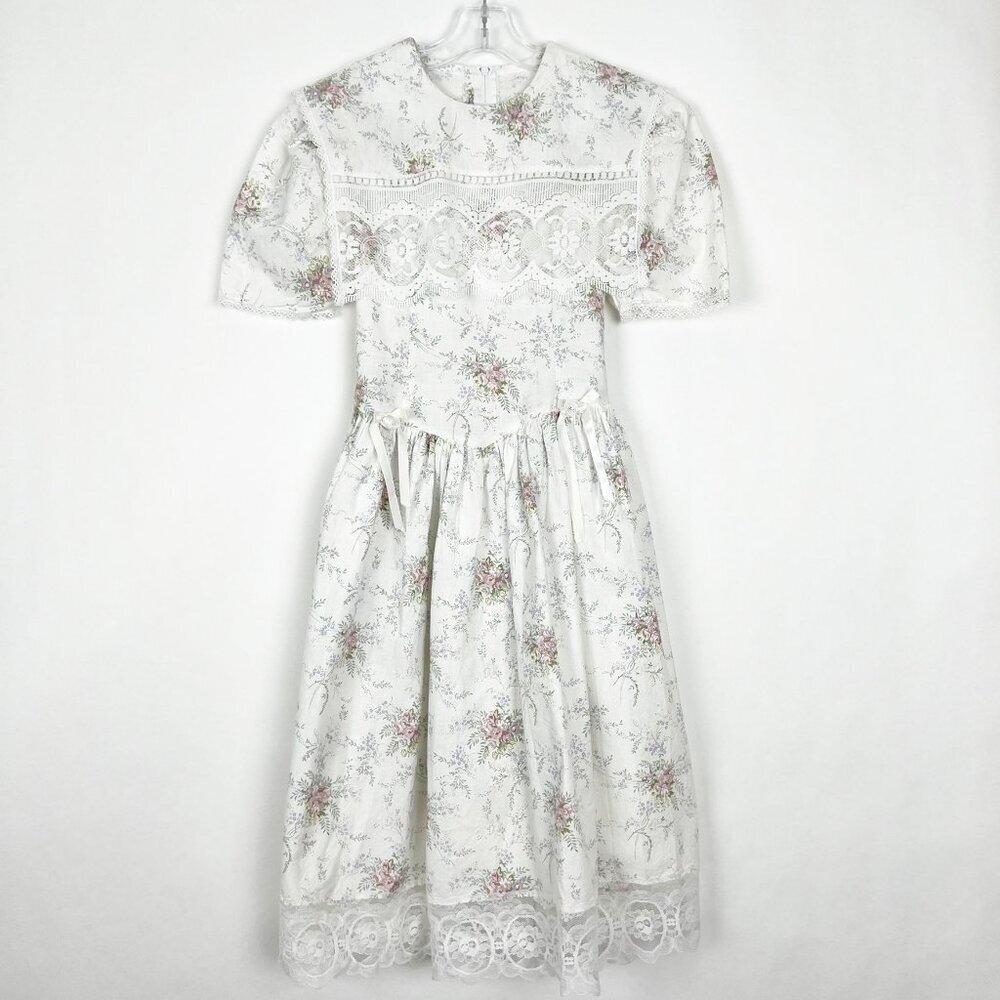 Vintage Jessica McClintock Gunne Sax Dress Lace Collar Floral Print Kids Size 10